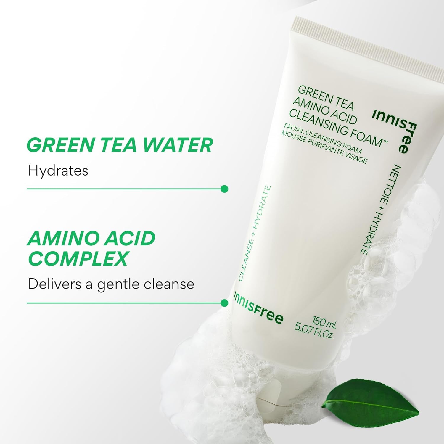Green Tea Amino Acid Cleansing Foam, Sulfate-Free Hydrating Korean Face Wash, Gentle Lather, Ph-Balanced Skincare