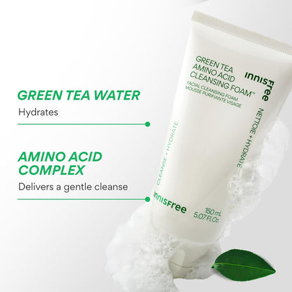 Green Tea Amino Acid Cleansing Foam, Sulfate-Free Hydrating Korean Face Wash, Gentle Lather, Ph-Balanced Skincare