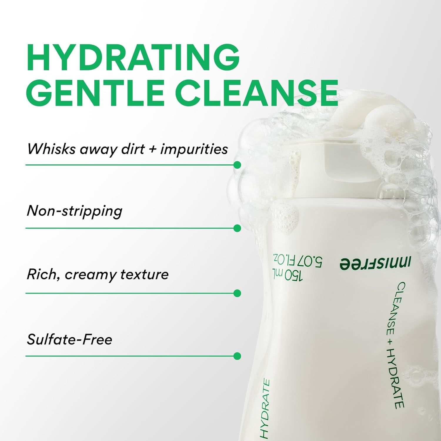 Green Tea Amino Acid Cleansing Foam, Sulfate-Free Hydrating Korean Face Wash, Gentle Lather, Ph-Balanced Skincare