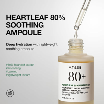 Heartleaf 80 Soothing Ampoule, Hydration Facial Serum for Glass Skin, Panthenol, Hyaluronic Acid, Non-Greasy, Gentle Formula, Lightweight Essence, Vegan, Korean Skin Care, 30Ml/1.01 Fl.Oz